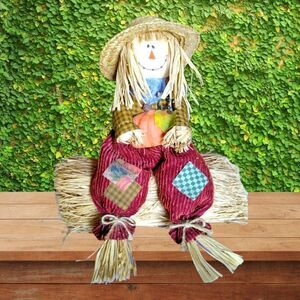 AUTUMN SCARECROW ON HAY BALE  HARVEST Decoration LARGE 13" x 13"